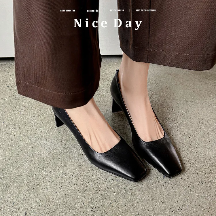 Spring single shoes, square toe, chunky heel, high heel, low mouth, fashion cowhide women's shoes 4-13a