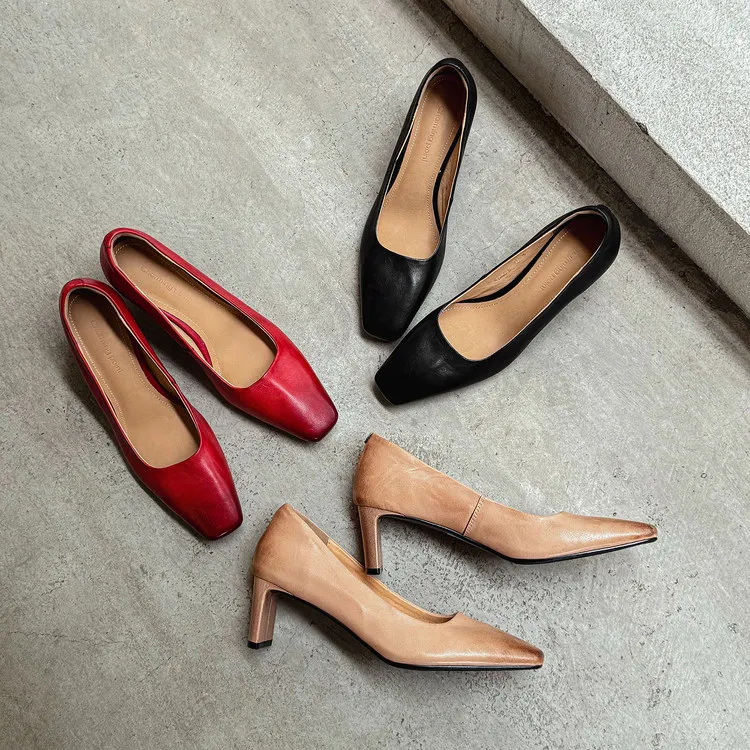 Spring single shoes, square toe, chunky heel, high heel, low mouth, fashion cowhide women's shoes 4-13a