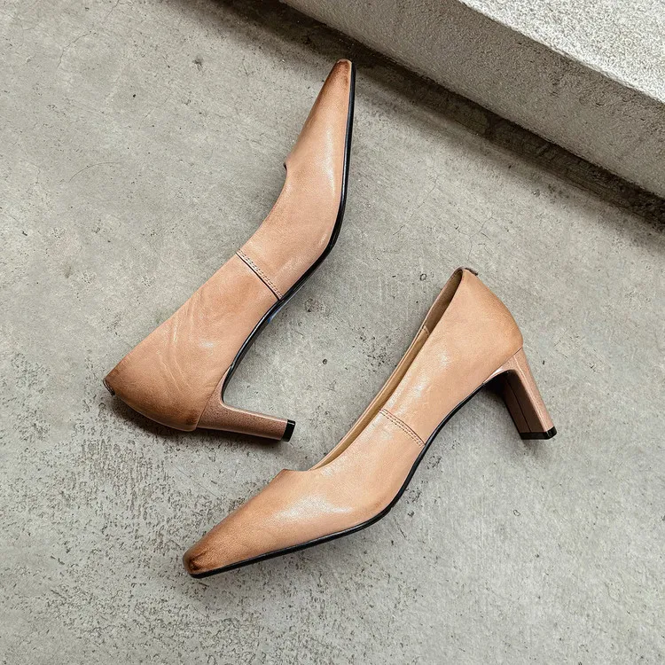 Spring single shoes, square toe, chunky heel, high heel, low mouth, fashion cowhide women's shoes 4-13a