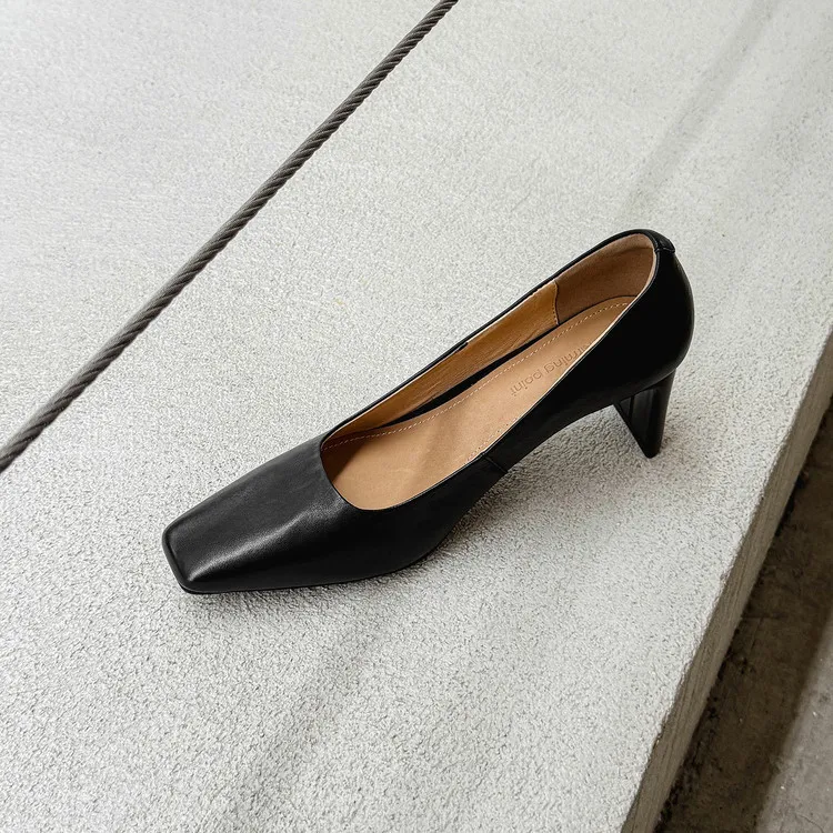 Spring single shoes, square toe, chunky heel, high heel, low mouth, fashion cowhide women's shoes 4-13a