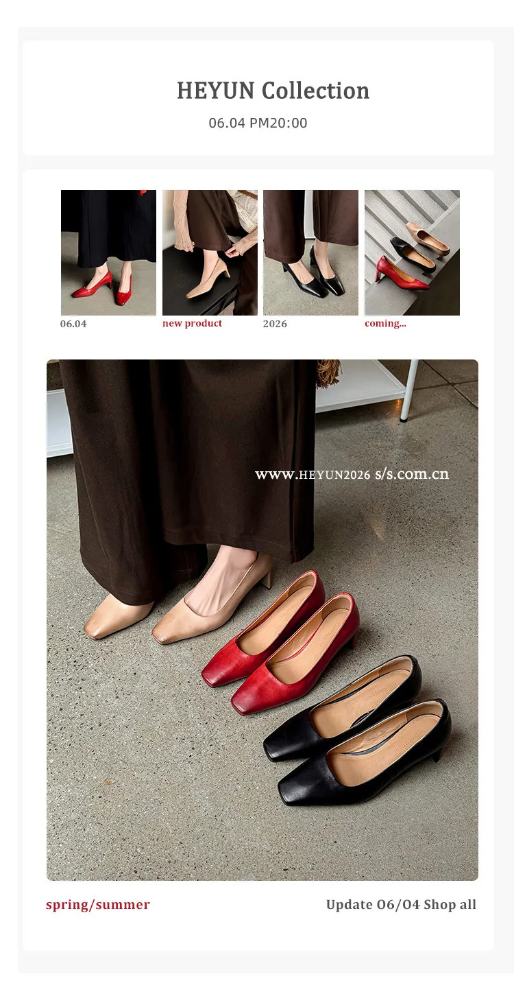 Spring single shoes, square toe, chunky heel, high heel, low mouth, fashion cowhide women's shoes 4-13a