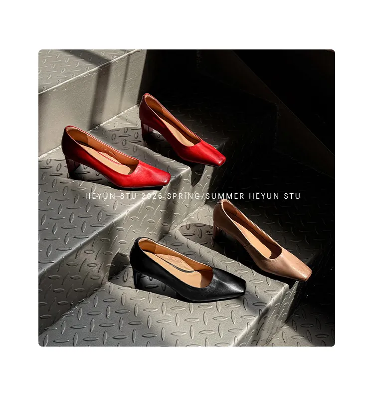 Spring single shoes, square toe, chunky heel, high heel, low mouth, fashion cowhide women's shoes 4-13a