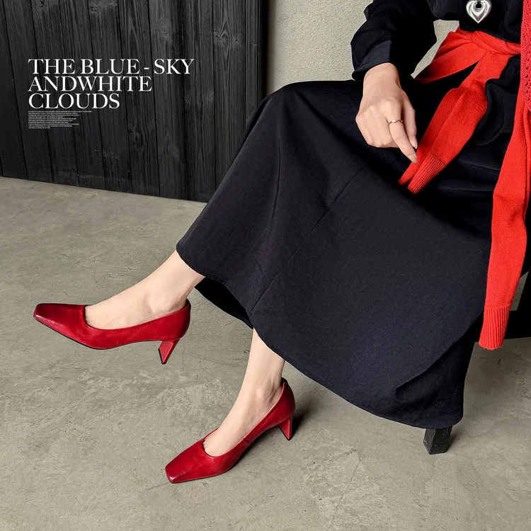 Spring single shoes, square toe, chunky heel, high heel, low mouth, fashion cowhide women's shoes 4-13a