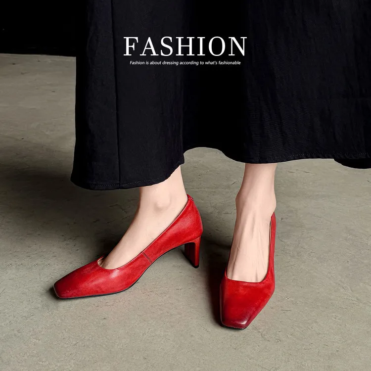 Spring single shoes, square toe, chunky heel, high heel, low mouth, fashion cowhide women's shoes 4-13a