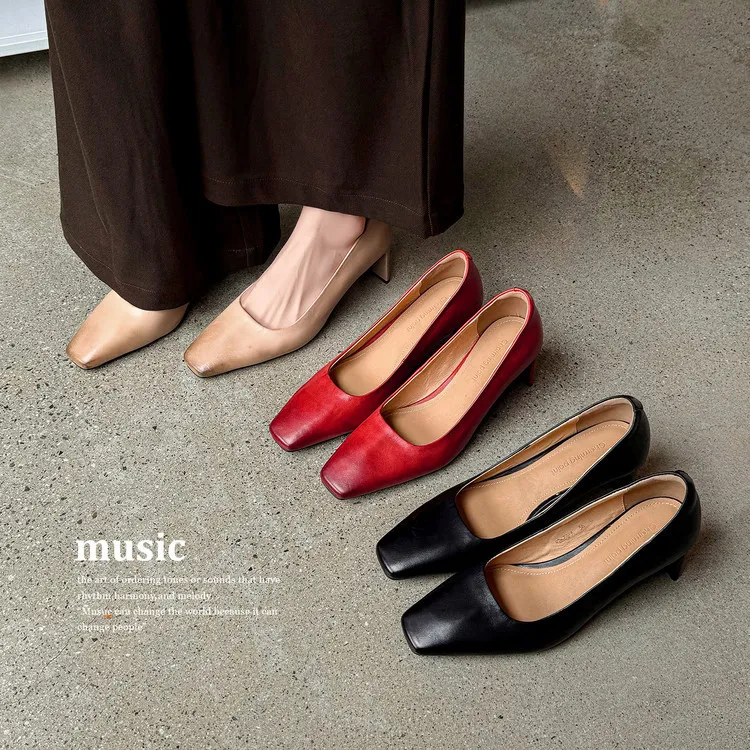 Spring single shoes, square toe, chunky heel, high heel, low mouth, fashion cowhide women's shoes 4-13a