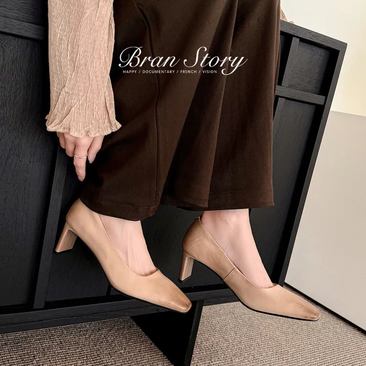 Spring single shoes, square toe, chunky heel, high heel, low mouth, fashion cowhide women's shoes 4-13a