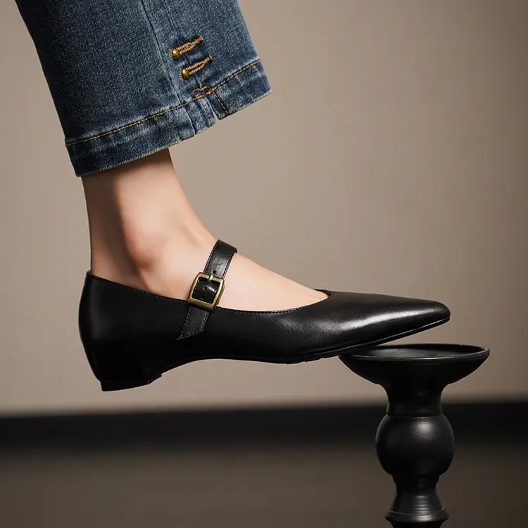 Supports encrypted ordering. ZMANZ Spring/Summer Single Shoes Pointed Toe Buckle Wedge Heel Leather Fashion Women's Shoes