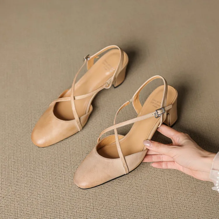 Supports encrypted ordering. Spring/Summer sandals, square toe, chunky heel, high heel, buckle, cowhide fashion women's shoes.