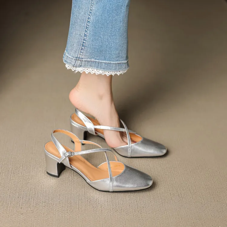 Supports encrypted ordering. Spring/Summer sandals, square toe, chunky heel, high heel, buckle, cowhide fashion women's shoes.