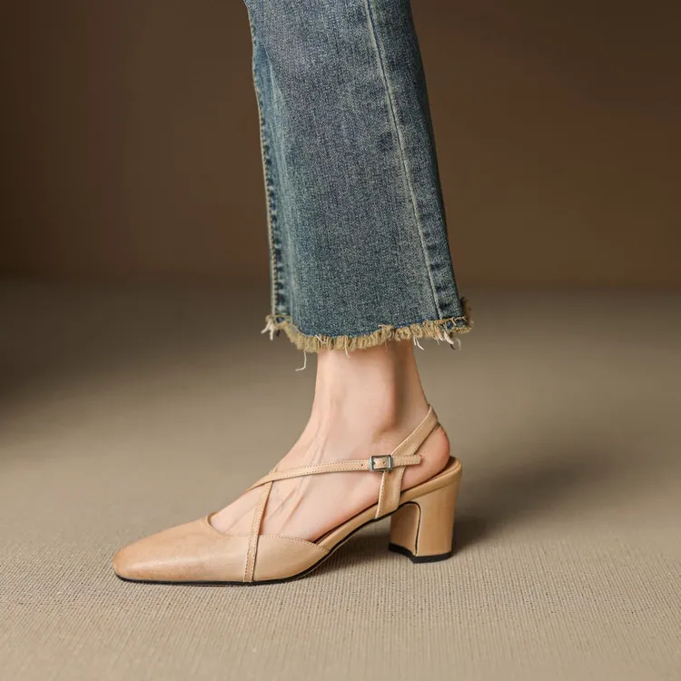 Supports encrypted ordering. Spring/Summer sandals, square toe, chunky heel, high heel, buckle, cowhide fashion women's shoes.