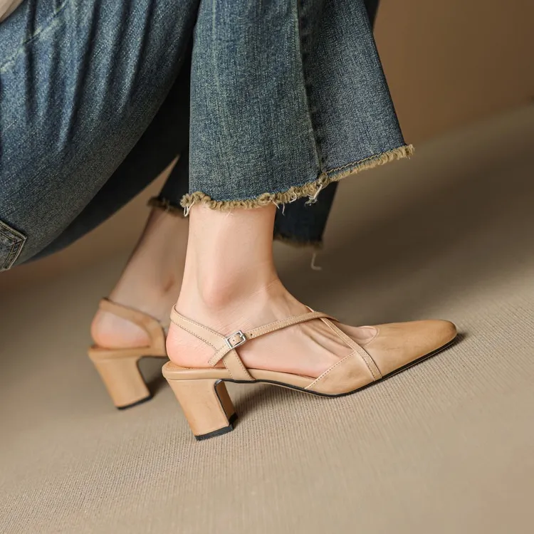 Supports encrypted ordering. Spring/Summer sandals, square toe, chunky heel, high heel, buckle, cowhide fashion women's shoes.