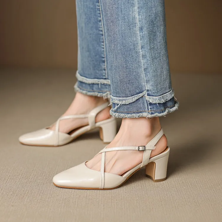 Supports encrypted ordering. Spring/Summer sandals, square toe, chunky heel, high heel, buckle, cowhide fashion women's shoes.