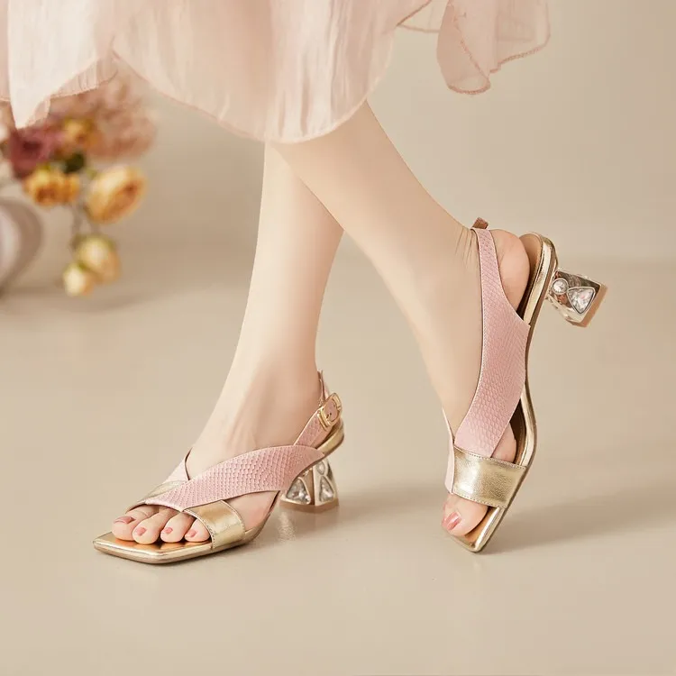 Fashionable summer sandals, square toe, chunky heel, rhinestone heel, buckle, cowhide leather, women's fashion sandals