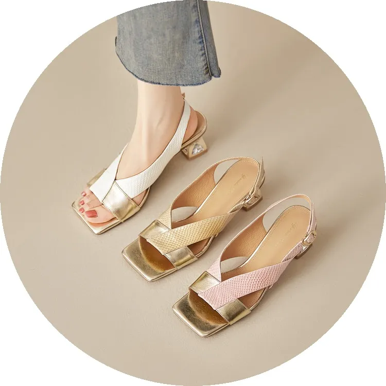 Fashionable summer sandals, square toe, chunky heel, rhinestone heel, buckle, cowhide leather, women's fashion sandals