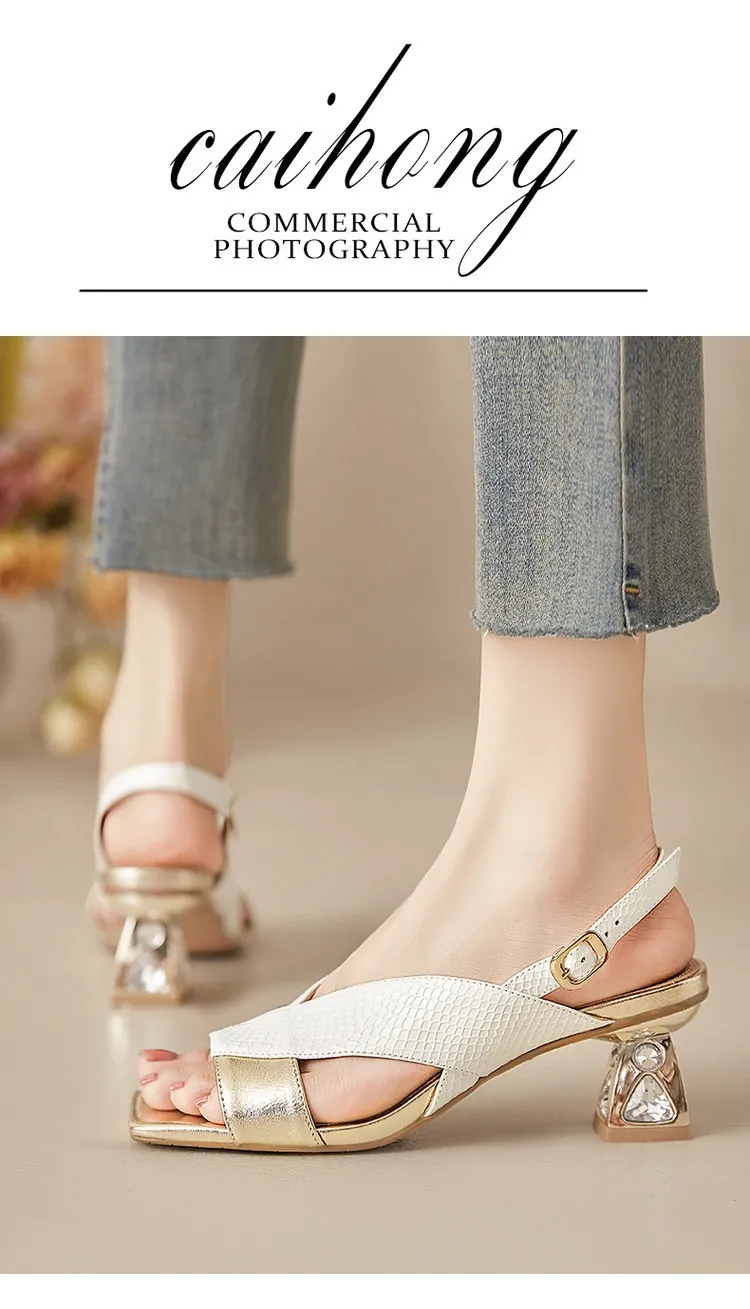 Fashionable summer sandals, square toe, chunky heel, rhinestone heel, buckle, cowhide leather, women's fashion sandals