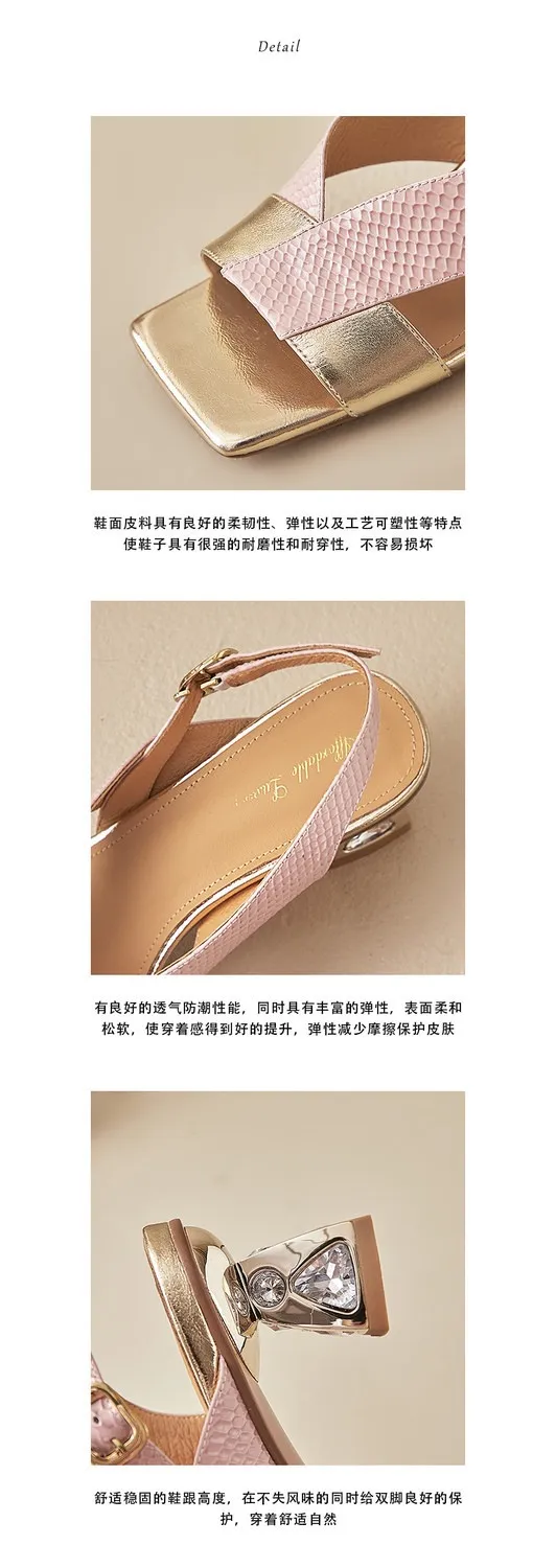 Fashionable summer sandals, square toe, chunky heel, rhinestone heel, buckle, cowhide leather, women's fashion sandals