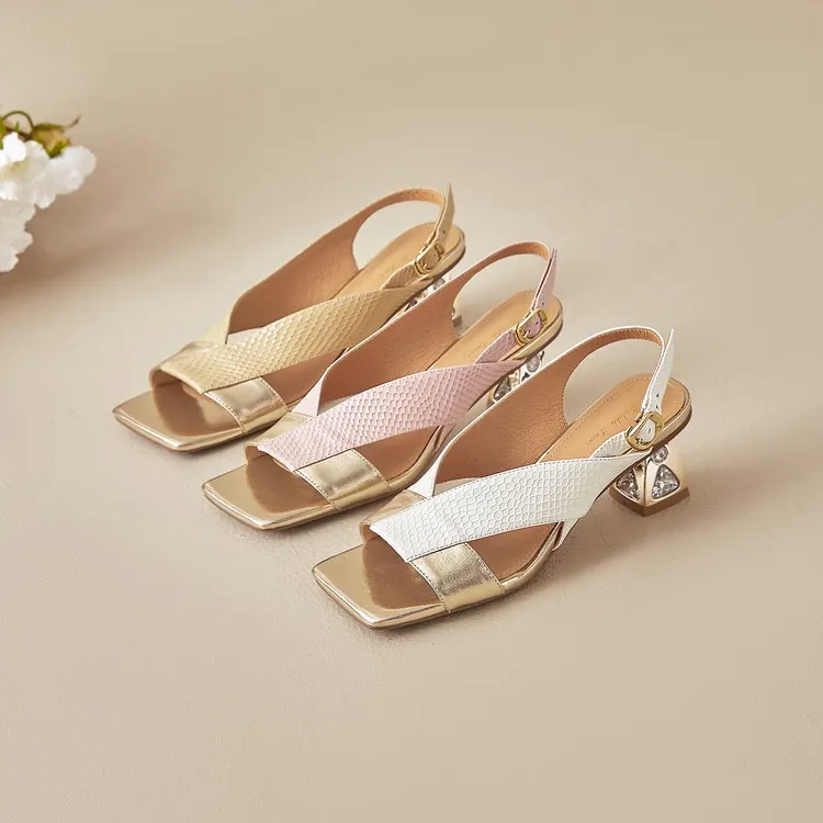 Fashionable summer sandals, square toe, chunky heel, rhinestone heel, buckle, cowhide leather, women's fashion sandals