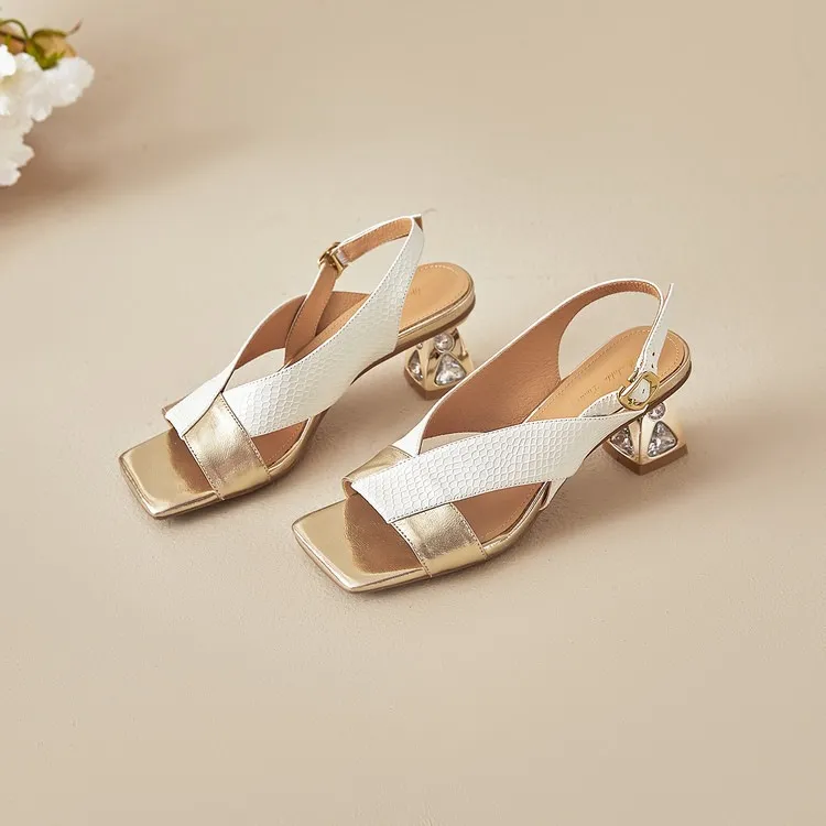 Fashionable summer sandals, square toe, chunky heel, rhinestone heel, buckle, cowhide leather, women's fashion sandals