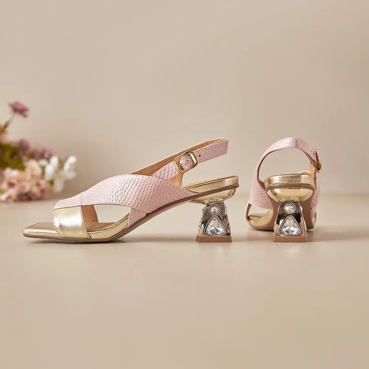Fashionable summer sandals, square toe, chunky heel, rhinestone heel, buckle, cowhide leather, women's fashion sandals