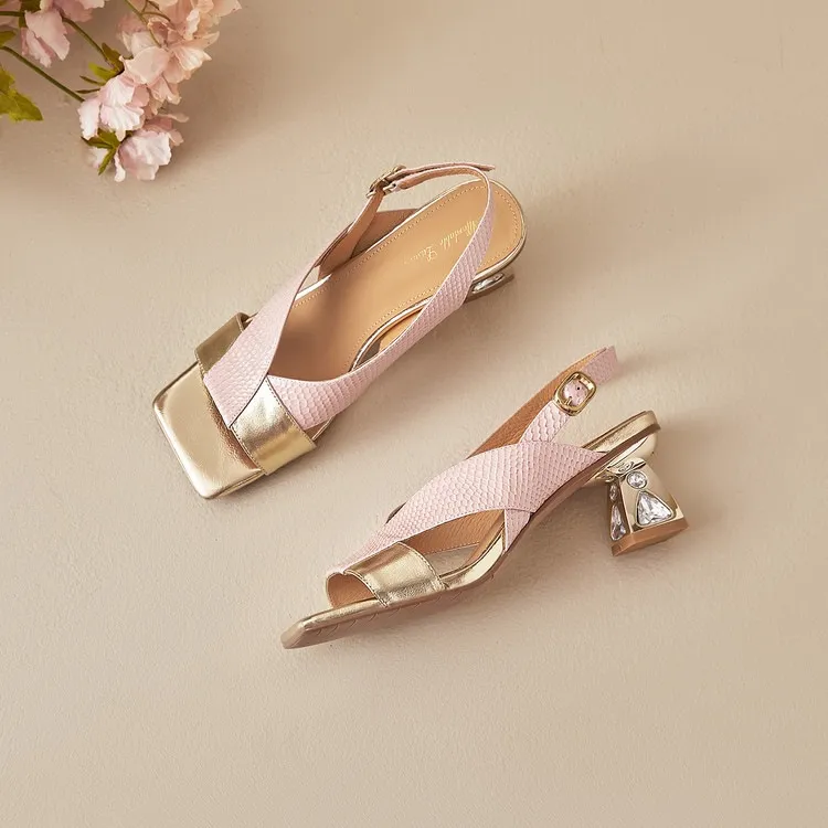 Fashionable summer sandals, square toe, chunky heel, rhinestone heel, buckle, cowhide leather, women's fashion sandals