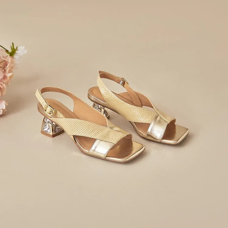 Fashionable summer sandals, square toe, chunky heel, rhinestone heel, buckle, cowhide leather, women's fashion sandals