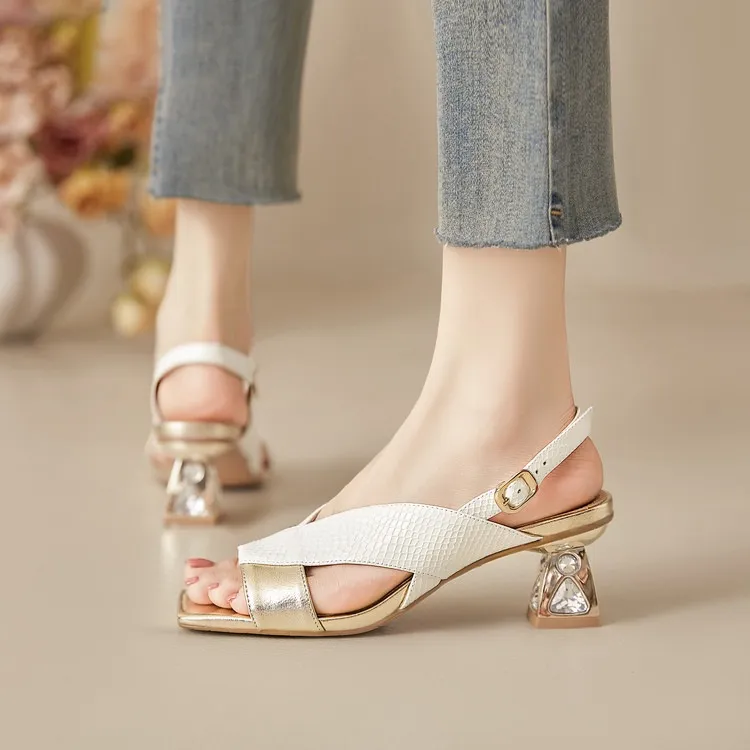 Fashionable summer sandals, square toe, chunky heel, rhinestone heel, buckle, cowhide leather, women's fashion sandals