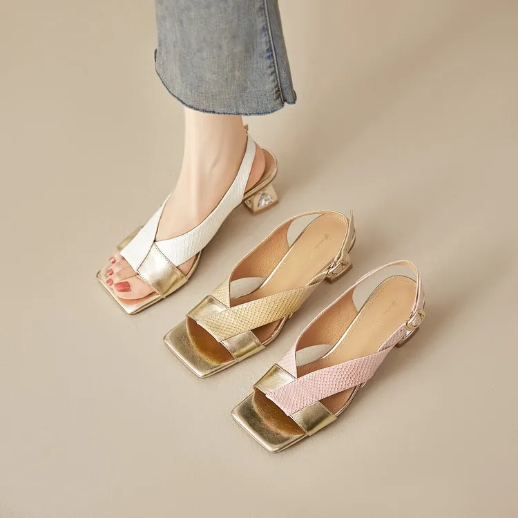 Fashionable summer sandals, square toe, chunky heel, rhinestone heel, buckle, cowhide leather, women's fashion sandals