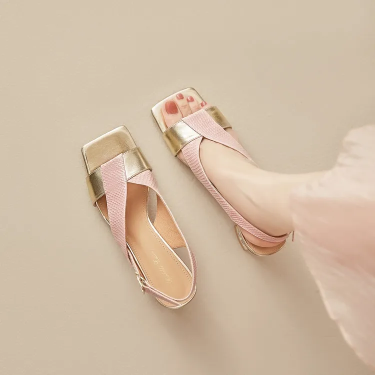 Fashionable summer sandals, square toe, chunky heel, rhinestone heel, buckle, cowhide leather, women's fashion sandals