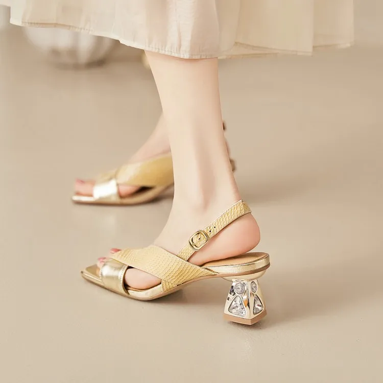 Fashionable summer sandals, square toe, chunky heel, rhinestone heel, buckle, cowhide leather, women's fashion sandals