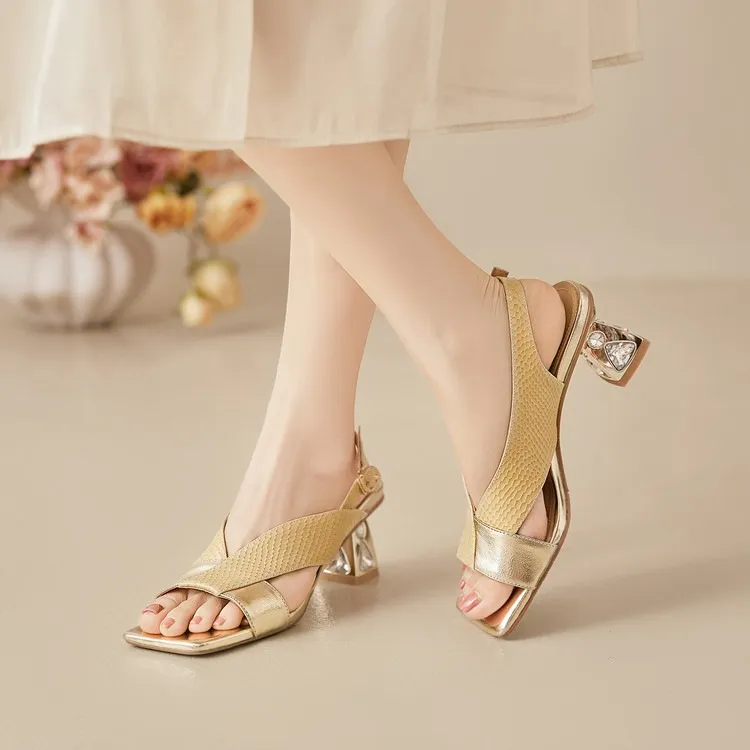 Fashionable summer sandals, square toe, chunky heel, rhinestone heel, buckle, cowhide leather, women's fashion sandals