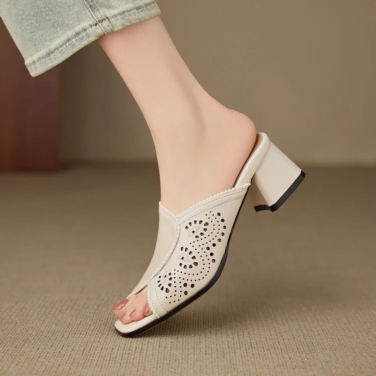 Supports encrypted ordering. Summer slippers, square toe, chunky heel, high heel, cowhide, fashion, minimalist women's shoes.