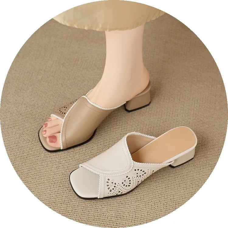 Supports encrypted ordering. Summer slippers, square toe, chunky heel, high heel, cowhide, fashion, minimalist women's shoes.