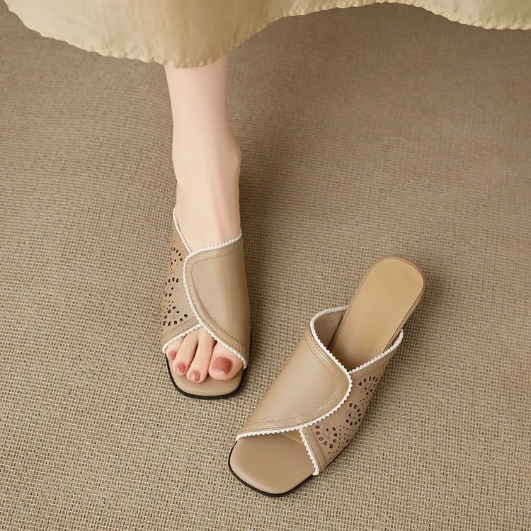 Supports encrypted ordering. Summer slippers, square toe, chunky heel, high heel, cowhide, fashion, minimalist women's shoes.