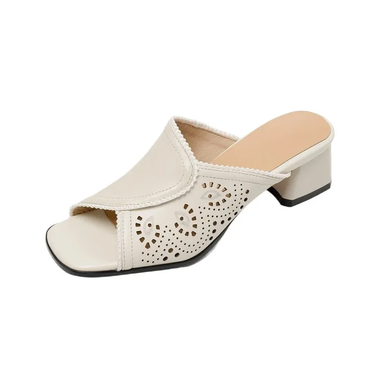 Supports encrypted ordering. Summer slippers, square toe, chunky heel, high heel, cowhide, fashion, minimalist women's shoes.