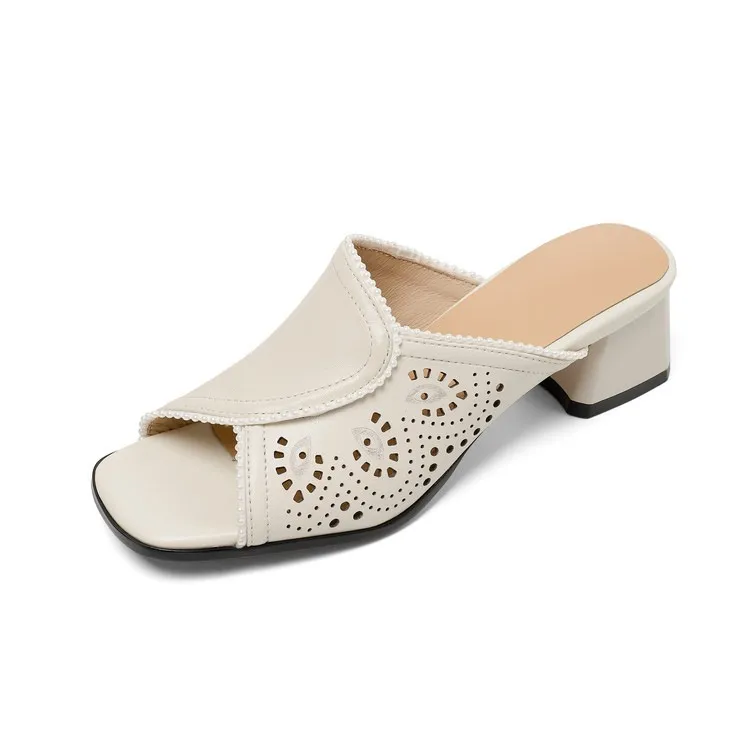 Supports encrypted ordering. Summer slippers, square toe, chunky heel, high heel, cowhide, fashion, minimalist women's shoes.