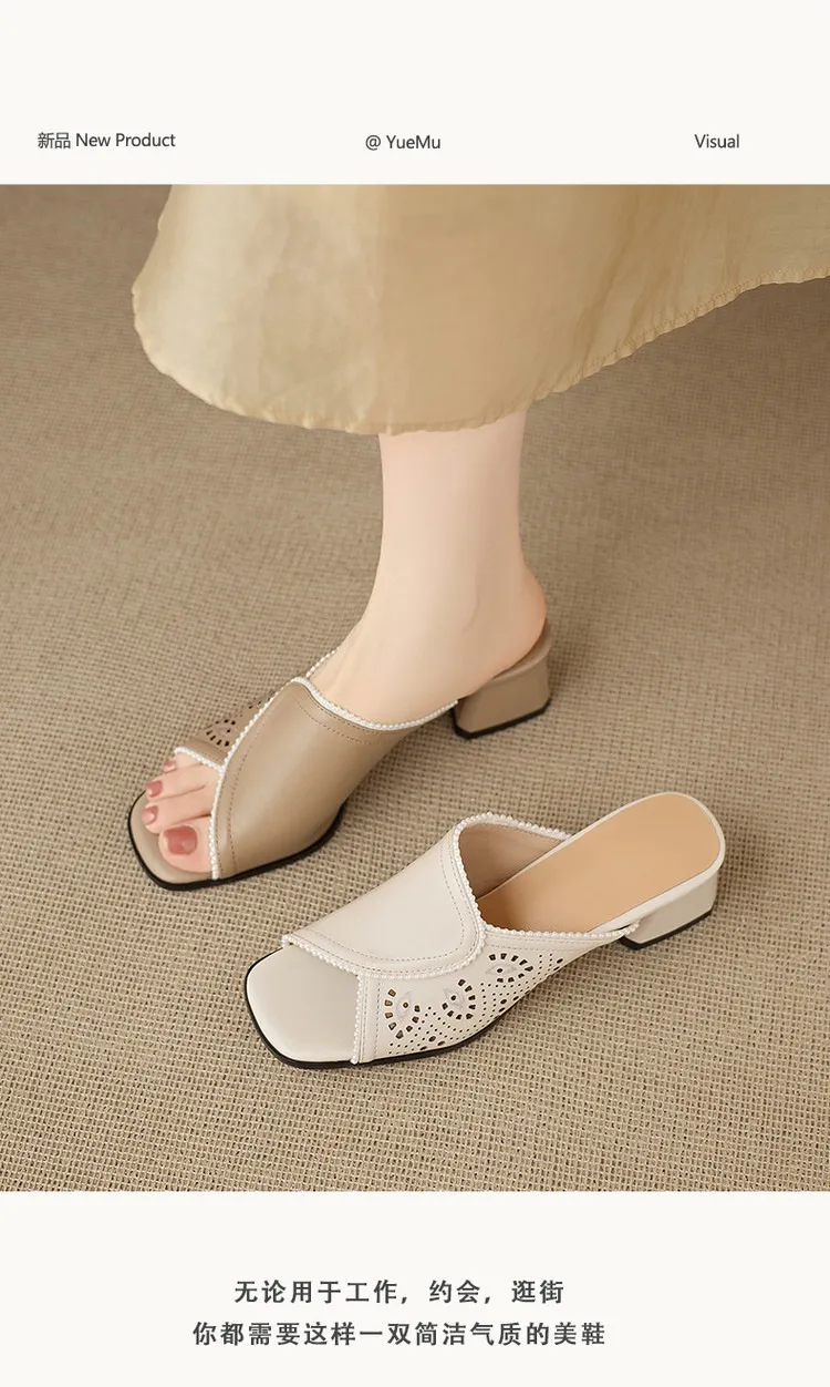Supports encrypted ordering. Summer slippers, square toe, chunky heel, high heel, cowhide, fashion, minimalist women's shoes.