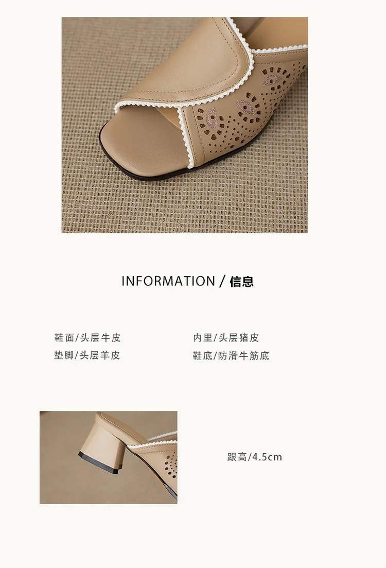 Supports encrypted ordering. Summer slippers, square toe, chunky heel, high heel, cowhide, fashion, minimalist women's shoes.