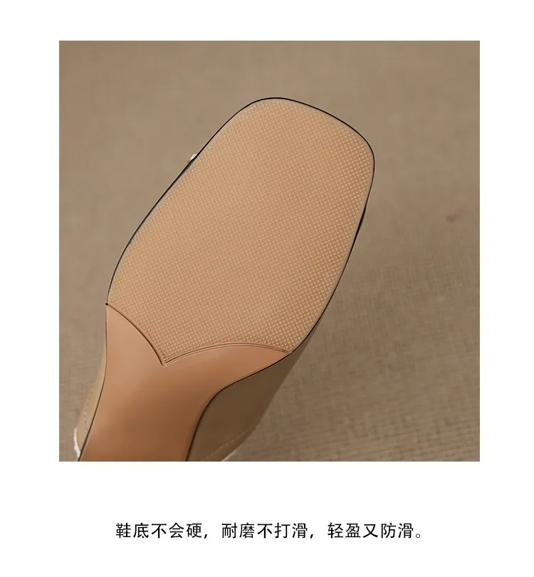 Supports encrypted ordering. Summer slippers, square toe, chunky heel, high heel, cowhide, fashion, minimalist women's shoes.