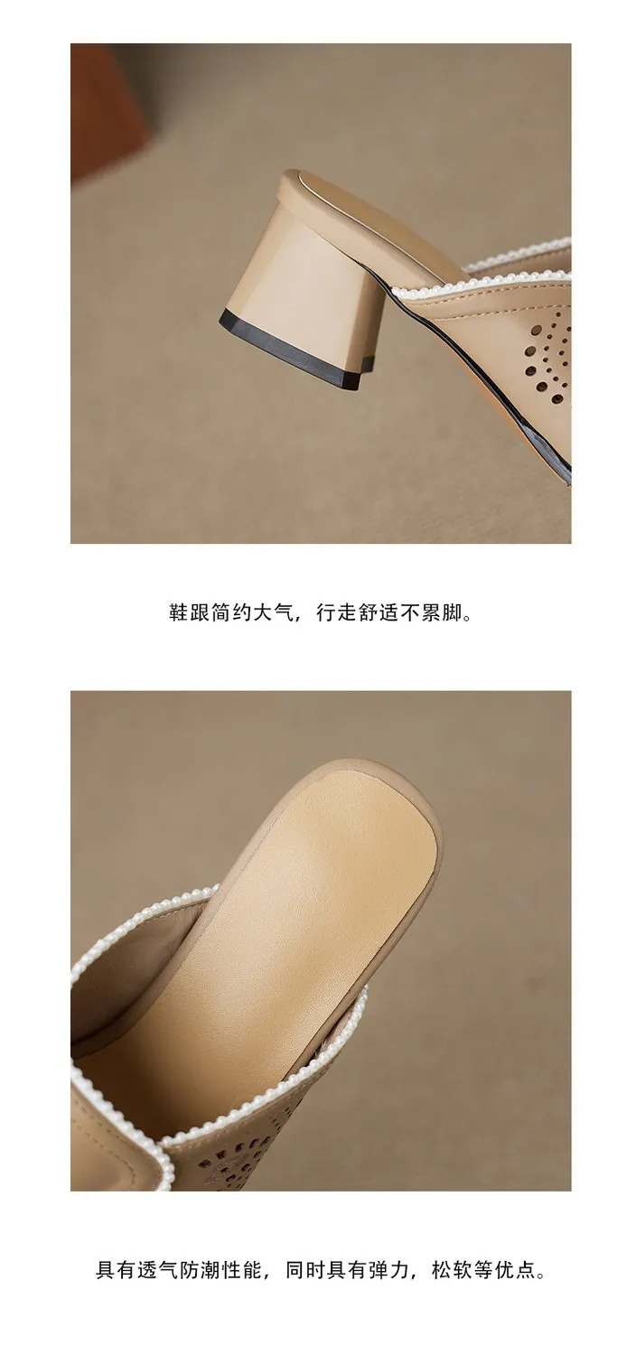 Supports encrypted ordering. Summer slippers, square toe, chunky heel, high heel, cowhide, fashion, minimalist women's shoes.