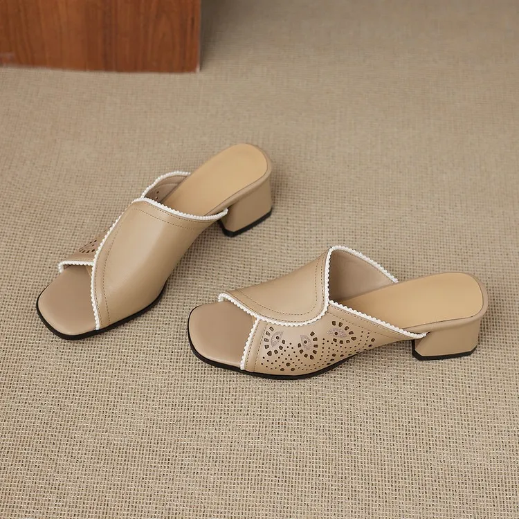 Supports encrypted ordering. Summer slippers, square toe, chunky heel, high heel, cowhide, fashion, minimalist women's shoes.