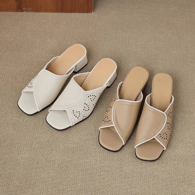 Supports encrypted ordering. Summer slippers, square toe, chunky heel, high heel, cowhide, fashion, minimalist women's shoes.