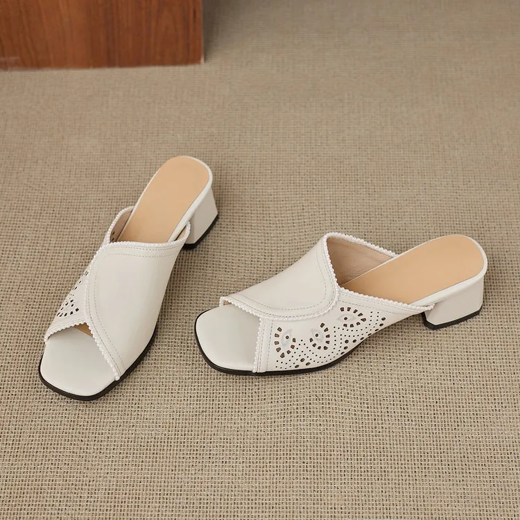 Supports encrypted ordering. Summer slippers, square toe, chunky heel, high heel, cowhide, fashion, minimalist women's shoes.
