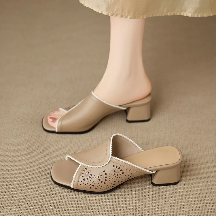 Supports encrypted ordering. Summer slippers, square toe, chunky heel, high heel, cowhide, fashion, minimalist women's shoes.
