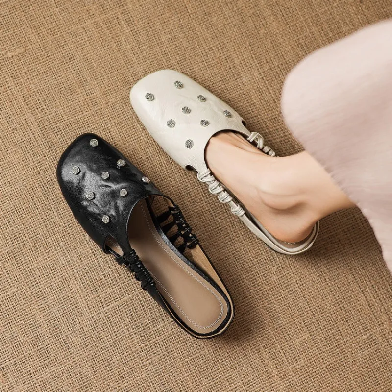 Fashionable floral buckle half-length slipper sandals, summer style half-closed toe single shoes, women's shoes, outdoor wear, wedge heel casual slippers