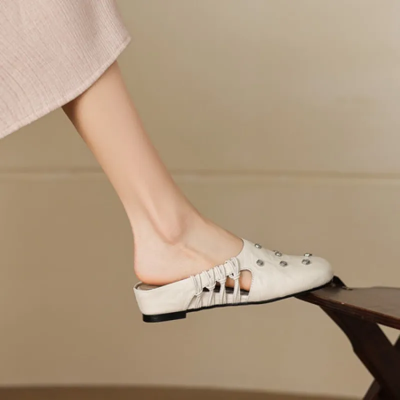 Fashionable floral buckle half-length slipper sandals, summer style half-closed toe single shoes, women's shoes, outdoor wear, wedge heel casual slippers
