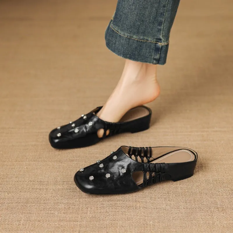 Fashionable floral buckle half-length slipper sandals, summer style half-closed toe single shoes, women's shoes, outdoor wear, wedge heel casual slippers