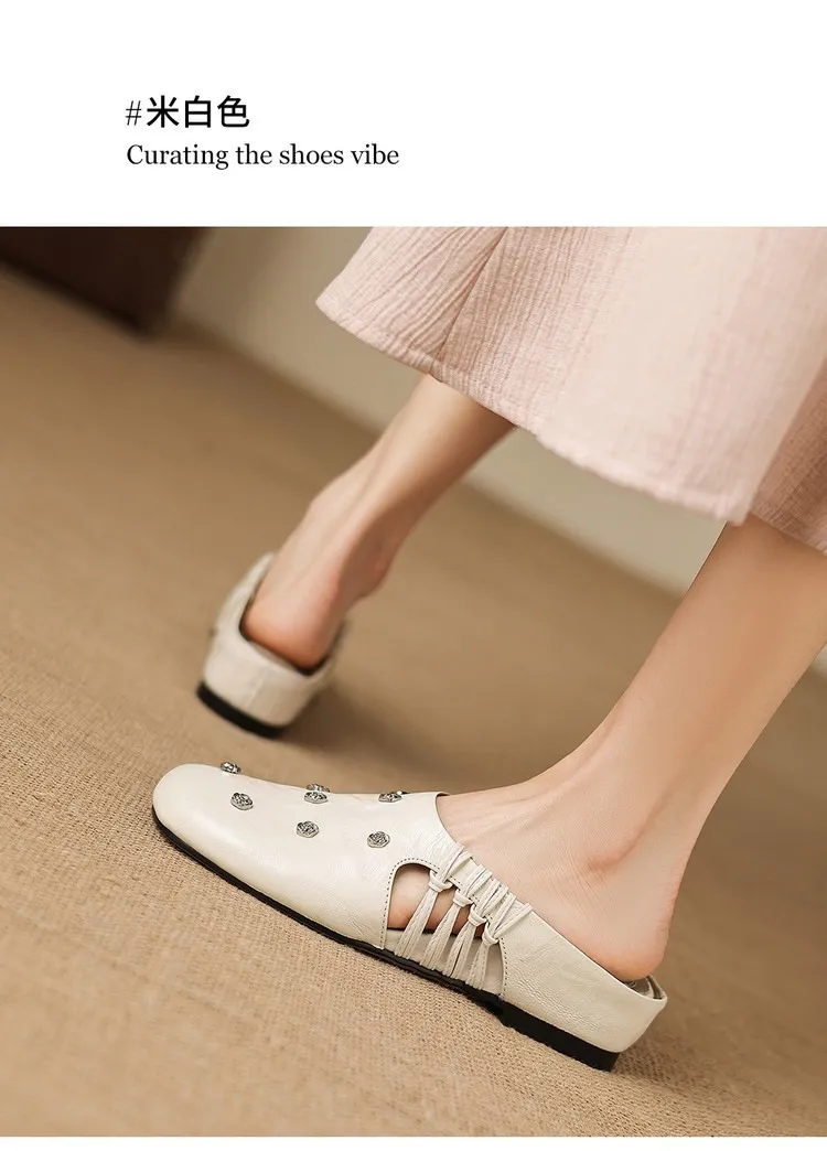 Fashionable floral buckle half-length slipper sandals, summer style half-closed toe single shoes, women's shoes, outdoor wear, wedge heel casual slippers