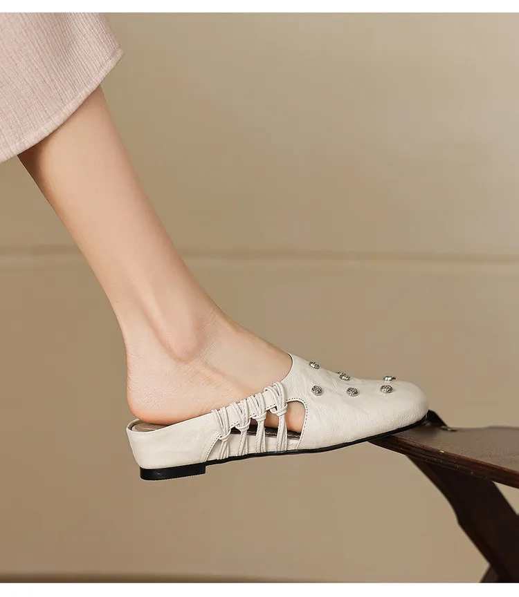 Fashionable floral buckle half-length slipper sandals, summer style half-closed toe single shoes, women's shoes, outdoor wear, wedge heel casual slippers