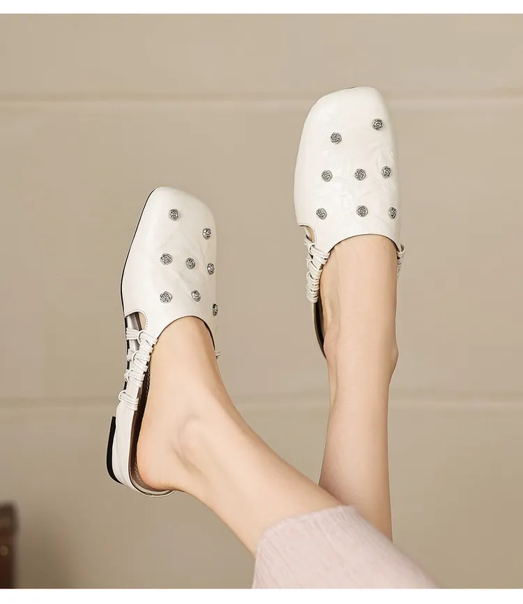 Fashionable floral buckle half-length slipper sandals, summer style half-closed toe single shoes, women's shoes, outdoor wear, wedge heel casual slippers