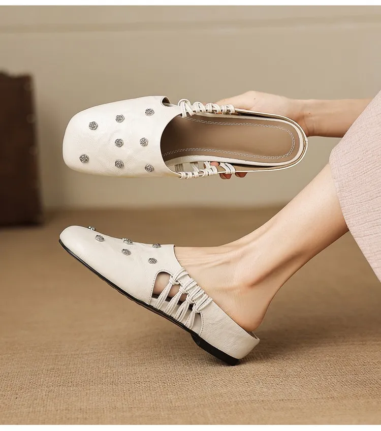 Fashionable floral buckle half-length slipper sandals, summer style half-closed toe single shoes, women's shoes, outdoor wear, wedge heel casual slippers